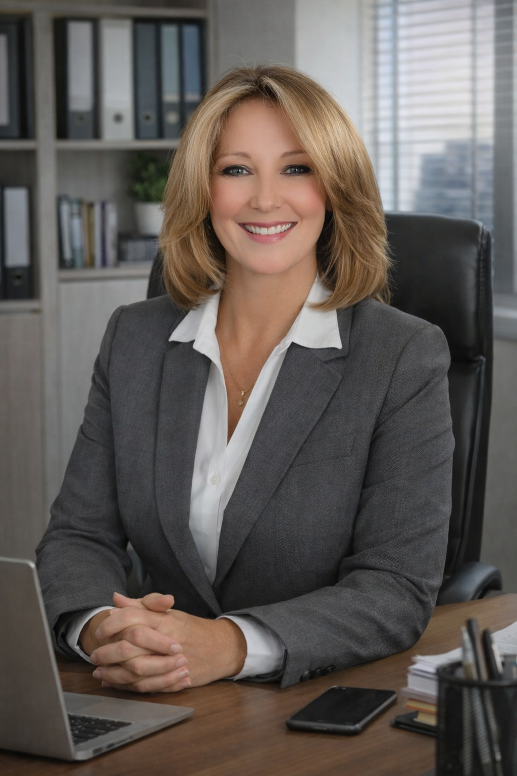 Professional woman in a business suit sitting at a desk.
