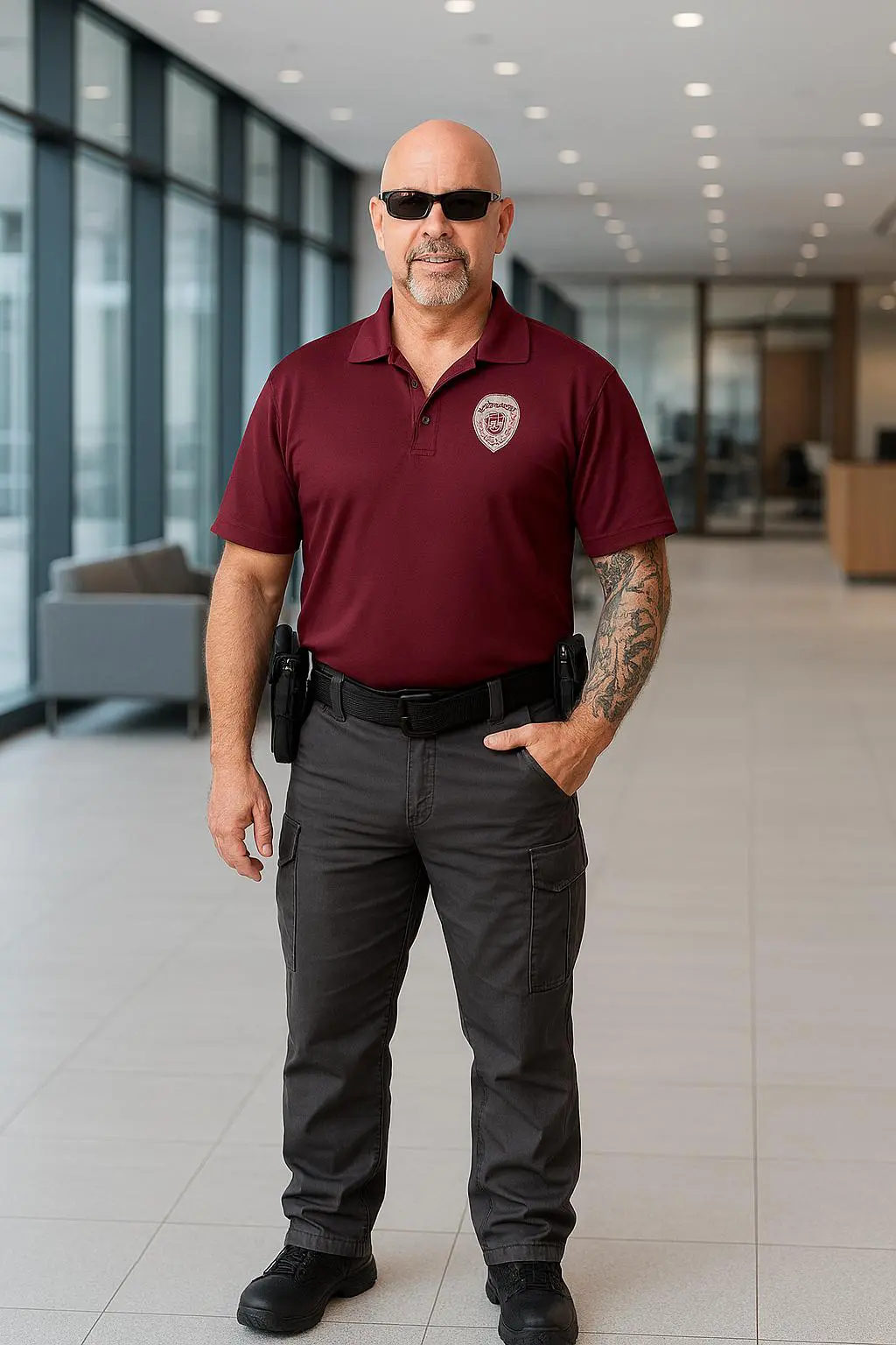 Security guard in a maroon polo and gray pants standing indoors.