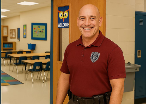 Smiling bald man in a maroon polo stands in a classroom doorway.