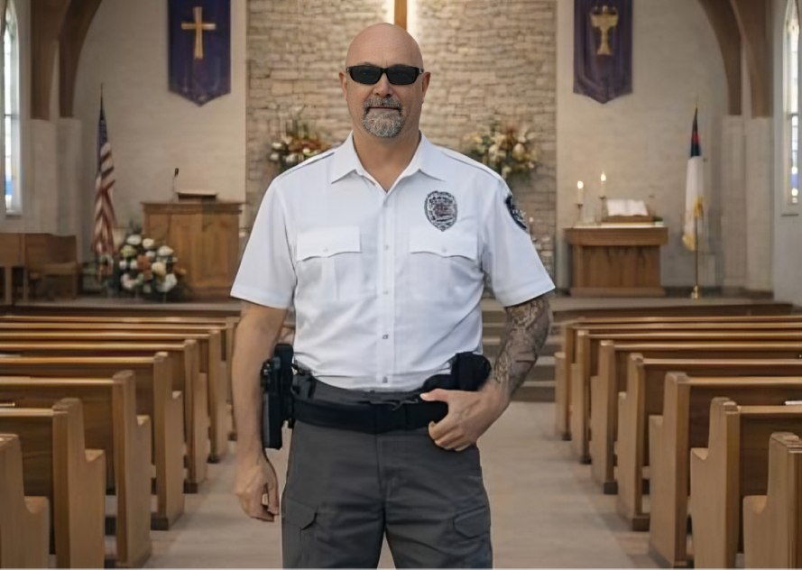 Security guard standing inside a church wearing sunglasses and uniform.