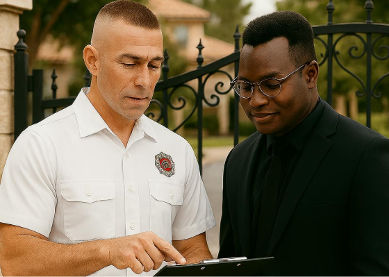 A security officer and a man in black discussing over a clipboard.