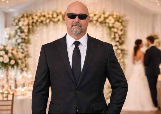 Man in black suit and sunglasses at a formal event.
