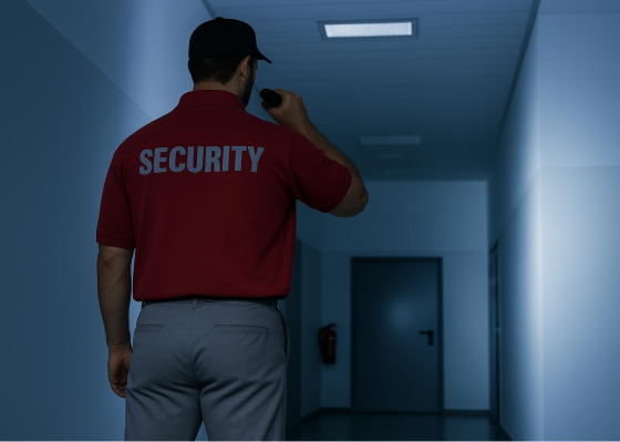 Security guard communicating via radio in a dim hallway.