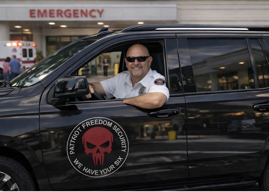 Man smiling in a black vehicle with a skull logo outside an emergency entrance.