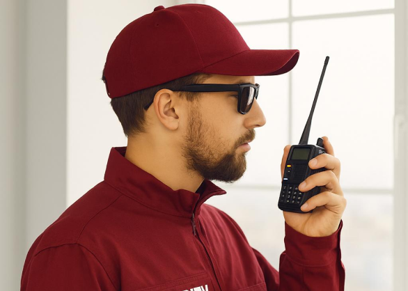 Man in red uniform using a walkie-talkie indoors.