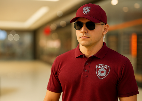 Security guard wearing a maroon uniform and cap with sunglasses.