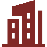 Red building icon on black background